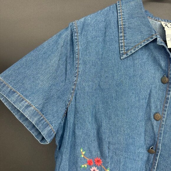 Vintage K Studio Plus Size 14 Denim Embroidered Floral Open Back Button Up Shirt - Picture 7 of 14